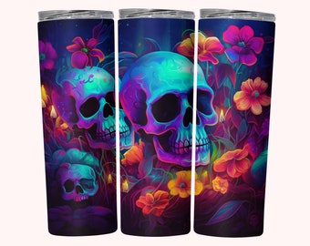 Neon Skull Tumbler Wrap, 20oz Skinny Tumbler Wrap Sublimation PNG, Instant Download, Straight + Tapered Tumbler Wrap, Neon Skulls PNG Design