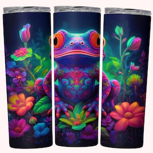 Avvolgimento per bicchiere rana al neon, design sublimato per bicchiere magro da 20 once, download istantaneo, design bicchiere dritto e affusolato, tatuaggio rana bicchiere PNG
