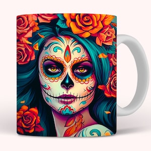 Envoltura de taza de niña muerta, diseño de sublimación de taza de 11 oz y 15 oz, envoltura de taza de Dia De Muertos PNG, diseño de taza de 11 oz y 15 oz, descarga digital