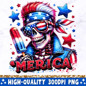 Colorful PNG clip art style image of a skeleton with red white and blue patriotic colors.  colorful Fourth of July skeleton image with the word merica.
