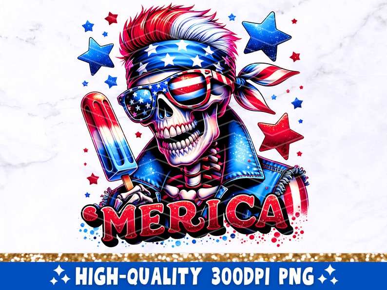 Colorful PNG clip art style image of a skeleton with red white and blue patriotic colors.  colorful Fourth of July skeleton image with the word merica.