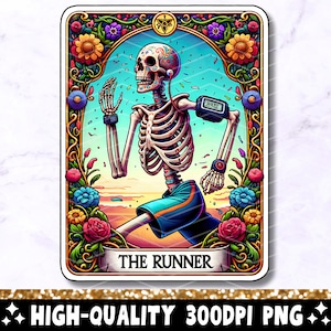 Die Läufer-Tarot-Karte PNG, Laufendes Skelett-Sublimationsdesign, lustiger Marathonläufer-Schädel-Tarot-T-Shirt Becher PNG-Datei, digitaler Download