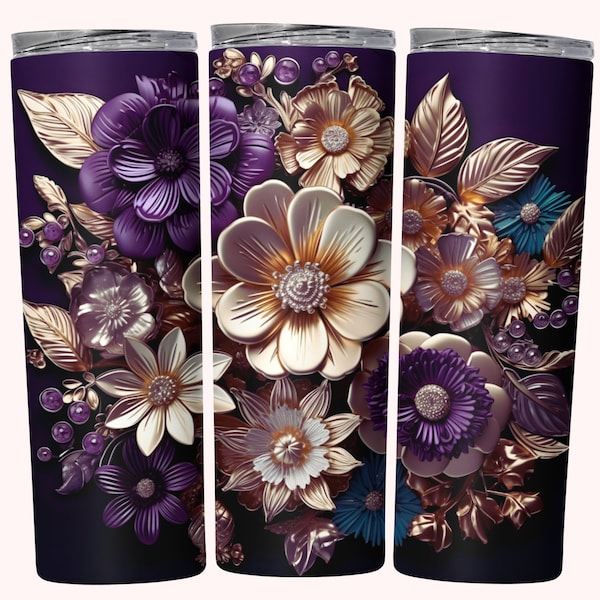 3D Gold Flower Tumbler Wrap, 20oz Skinny Tumbler Sublimation Design, Instant Download, Straight & Tapered Tumbler Wrap, 2D Gold Floral PNG