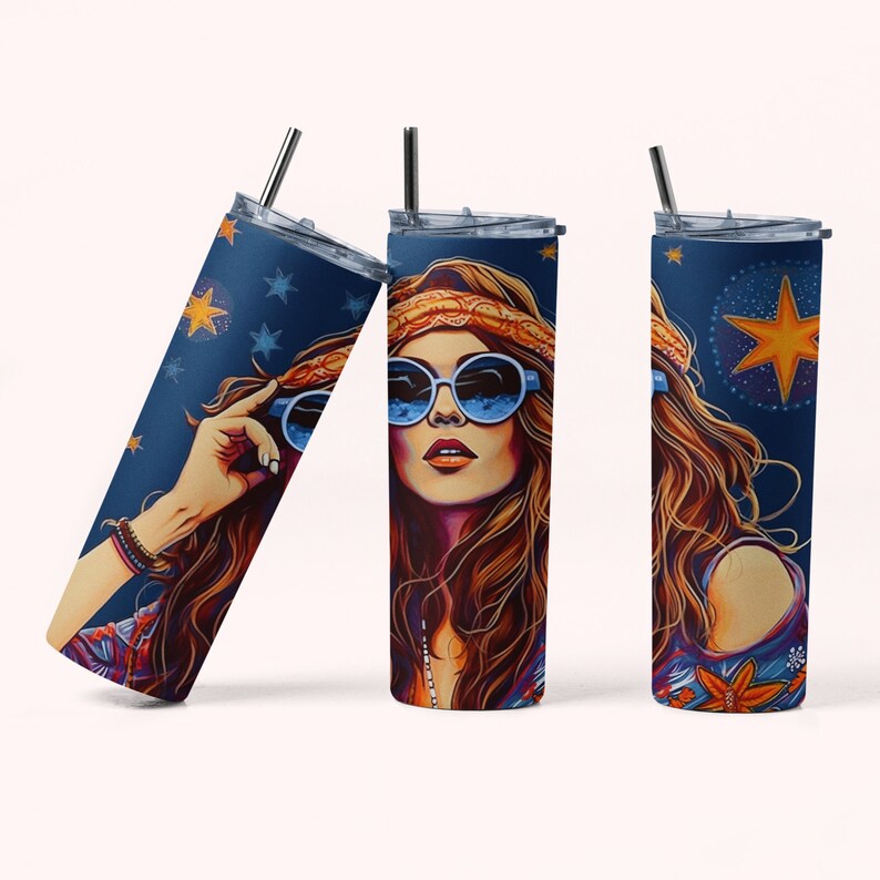 May include: A stainless steel tumbler with a blue background and a colorful illustration of a woman with long brown hair wearing sunglasses and a headband. The woman is surrounded by stars.