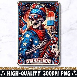 A Carta de Tarô Engraçada Patriota PNG, Design de Sublimação de Esqueleto Americano, Crânio da Moda de 4 de Julho Arquivo PNG dos EUA, Download Digital Popular