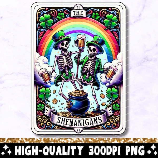 The Shenanigans Funny Tarot Card PNG, Skeleton St Patricks Sublimation Design, Lucky Leprechaun Skull Shamrock PNG File, Digital Download