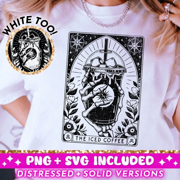 The Iced Coffee Tarot Card SVG PNG, Skeleton Sublimation Design, Witchy T-Shirt Design, Funny Coffee Lover SVG png File, Digital Download