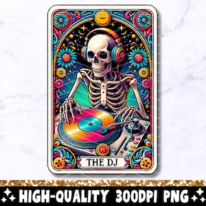 La carte de tarot DJ PNG, Cool Skeleton Sublimation Design, tendance Disc Jockey Skull Witchy Gothic Tarot T-Shirt Mug PNG, téléchargement numérique