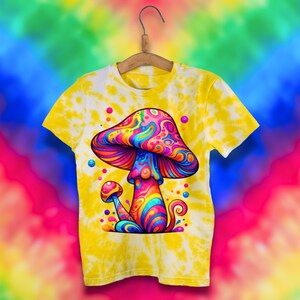 May include: Yellow tie-dye t-shirt with a colorful psychedelic mushroom graphic. The mushroom is pink, blue, green, and yellow with swirls and patterns.