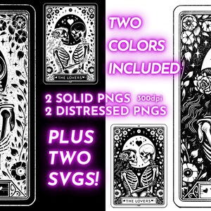 May include: Black and white tarot card illustration of The Lovers card featuring two skeletons holding hands. The card has a black background with white floral details and a moon with stars. The text "The Lovers" is printed at the bottom of the card.