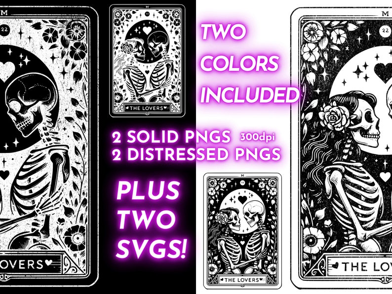 May include: Black and white tarot card illustration of The Lovers card featuring two skeletons holding hands. The card has a black background with white floral details and a moon with stars. The text "The Lovers" is printed at the bottom of the card.