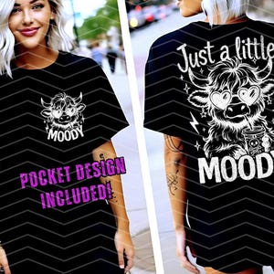 May include: Black t-shirt with a white graphic of a Highland cow wearing heart-shaped sunglasses and holding a drink. The text "Just a little moody" is above the cow and the word "MOODY" is below the cow.