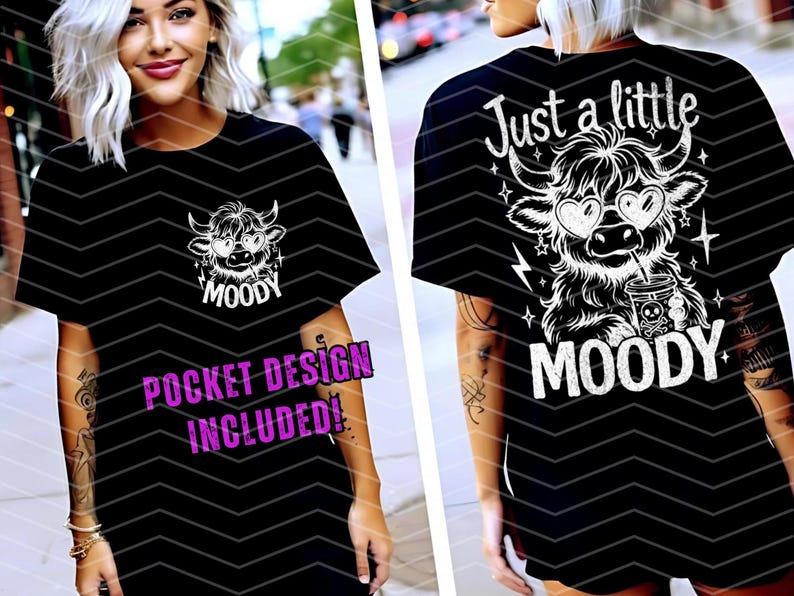 May include: Black t-shirt with a white graphic of a Highland cow wearing heart-shaped sunglasses and holding a drink. The text "Just a little moody" is above the cow and the word "MOODY" is below the cow.