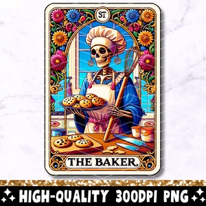 The Baker Tarot Card PNG, Diseño de sublimación de esqueleto de cocina, Cráneo para hornear Cook Witchy Chef Tarot Camiseta Taza Archivo PNG, Descarga digital