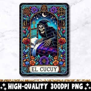 El Cucuy Tarot Karte PNG, lustiges mexikanisches Sublimationsdesign, spanisches Skelett Trendy Schädel Latein T-Shirt Becher Loteria PNG, digitaler Download