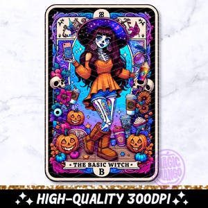 May include: A colorful tarot card illustration featuring a witch with skeleton details, wearing an orange top and blue shorts. The card includes pumpkins, skulls, and coffee cups. Text on the card reads "The Basic Witch B".