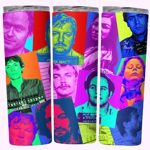 May include: A colorful collage of mugshots of famous criminals, including Ted Bundy, John Wayne Gacy, and Jeffrey Dahmer. The mugshots are arranged in a chaotic pattern, with bright colors and bold lines. The mugshots are printed on a white background.