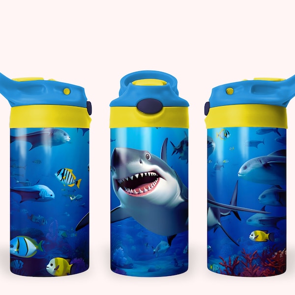 Cool Shark 12oz Kids Flip Top Sippy Cup Tumbler Wrap, 12oz Straight Tumbler Sublimation PNG, Childrens Shark Ocean Tumbler Wrap Design PNG