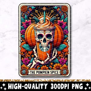 Carta de Tarô de Especiarias de Abóbora PNG, Design de Sublimação de Esqueleto de Café Outono Outono, Tarot Trendy Skull Cool T-Shirt Mug PNG Download Digital