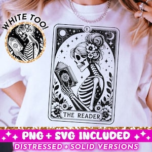 Der Leser Tarot Karte SVG PNG, Skelett lesen Sublimationsdesign, Booktrovert Witchy Buchliebhaber Bibliothekarin PNG SVG Schnittdatei, Download