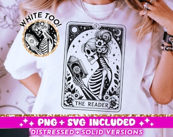 The Reader Tarot Card SVG PNG, Skeleton Reading Sublimation Design, Booktrovert Witchy Book Lover Librarian png SVG Cut File, Download