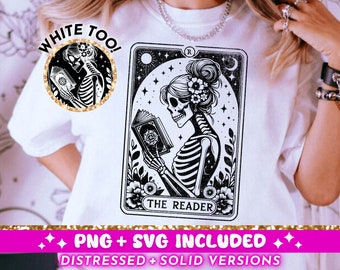 The Reader Tarot Card SVG PNG, Skeleton Reading Sublimation Design, Booktrovert Witchy Book Lover Librarian png SVG Cut File, Download