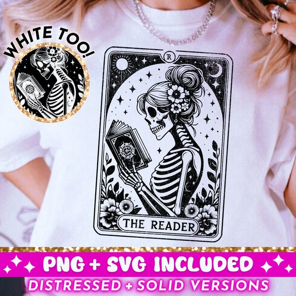 De Reader Tarot Card SVG PNG, Skeleton Reading Sublimation Design, Booktrovert Witchy Book Lover Bibliothecaris png SVG Cut File, Download