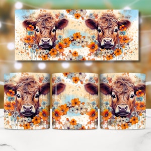 Baby Highland Cow Mug Wrap, 11oz and 15oz Mug Wrap Sublimation Design, Cute Cow With Flowers Mug PNG Template, Instant Digital Download image 7