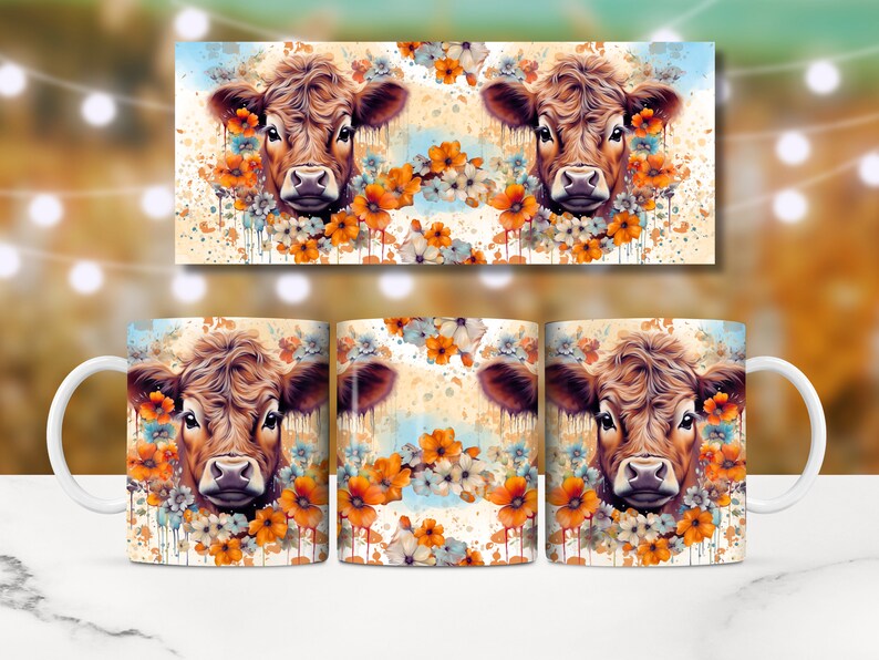 Baby Highland Cow Mug Wrap, 11oz and 15oz Mug Wrap Sublimation Design, Cute Cow With Flowers Mug PNG Template, Instant Digital Download image 7