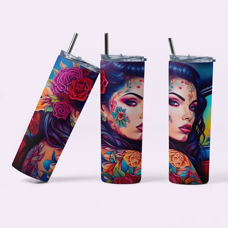 a mockup of a tumbler wrap digital design sublimation png.  a beautiful Latina Chicana Chola woman with colorful tattoos in a vintage car.  Latinx Chola tumbler wrap.