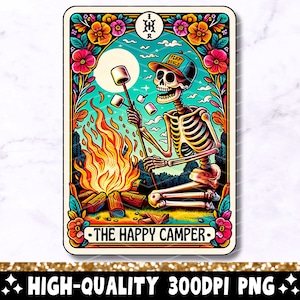 Il campeggiatore felice divertente carta dei tarocchi PNG, scheletro sarcastico citazione divertente design a sublimazione, maglietta con teschio alla moda tazza PNG File Download digitale