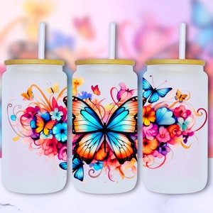 Butterflies Flowers 16oz Glass Can Wrap, Pretty UV DTF Sublimation Design, Colorful 16oz Glass Jar Tumbler Libbey Wrap PNG, Digital Download