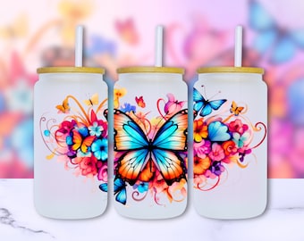 Mariposas Flores 16oz Vidrio Puede Envolver, Bonito Diseño de Sublimación UV DTF, Colorido Vaso de Vidrio de 16oz Vaso Libbey Wrap PNG, Descarga Digital