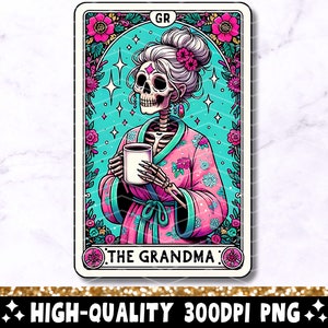 Die Oma Lustige Tarot Karte PNG, Frau Skelett Muttertag Sublimationsdesign, Witchy Großmutter Schädel T-Shirt Becher PNG Datei, Download