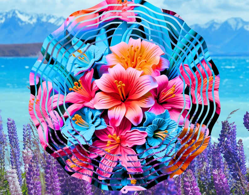 Pu&ograve; includere: Un bouquet colorato di fiori rosa, blu e arancioni su uno sfondo astratto vorticoso. I fiori sono disposti in cerchio e sembrano fluttuare nell'aria.