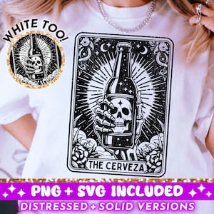Die Cerveza Tarot Karte SVG PNG, lustiges Skelett Sublimationsdesign, spanischer sarkastischer Bierliebhaber Trendy SVG Schnittdatei png, digitaler Download