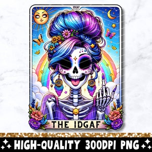 De IDGAF grappige tarotkaart png, sarcastische vloekende skeletschedel trendy sublimatieontwerp, Sassy Witchy T-shirt png-bestand downloaden