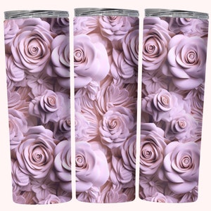 a mockup of a pretty floral tumbler wrap digital design sublimation png.  a 3d design featuring pink roses in a carved effect.  roses floral 3d carved effect tumbler wrap