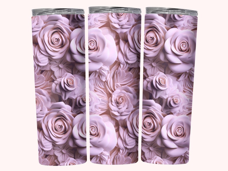 a mockup of a pretty floral tumbler wrap digital design sublimation png.  a 3d design featuring pink roses in a carved effect.  roses floral 3d carved effect tumbler wrap