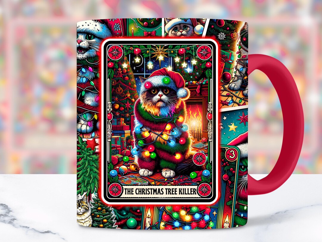 クリスマスツリーキラータロットカードマグラップ、面白い猫11オンス15