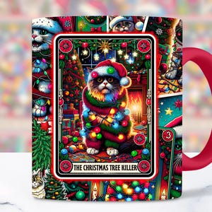 Emballage de tasse de carte de tarot tueur d'arbre de Noël, conception de sublimation de tasse de chat drôle 11 oz 15 oz, emballage de tasse de Noël de vacances des amoureux des chats téléchargement numérique PNG