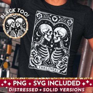 Mannen The Lovers Tarot Card SVG PNG, skelet liefde sublimatie ontwerp, LGBTQ Witchy mannelijke geliefden schedels Tarot T-shirt svg png bestand knippen