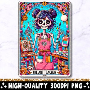 La carta del tarot del profesor de arte PNG, diseño de sublimación del esqueleto de la chica artista, taza de la camiseta del tarot divertido del artesano del cráneo de moda PNG, descarga digital