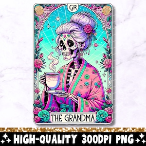 La nonna divertente carta dei tarocchi PNG, scheletro di donna festa della mamma design a sublimazione, strega nonna teschio t-shirt tazza file PNG, download