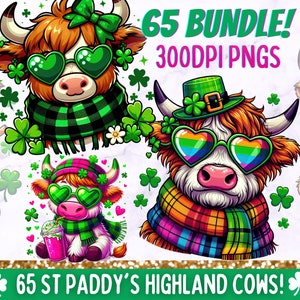 May include: A digital clipart bundle of 65 St. Patrick's Day Highland cow illustrations. The cows are wearing green, rainbow, and plaid accessories. The illustrations are 300 DPI PNG files.