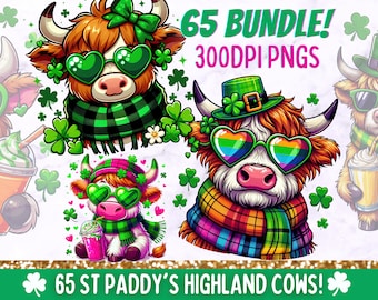Cute St Patricks Highland Cow PNG Bundle, St Paddy's Clip-Art Sticker Sublimation Design, Shamrocks Baby Cow Leprechaun T-Shirt Mug PNGs