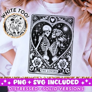 The Lovers Tarot Card SVG PNG, Design de sublimação de amor de esqueleto, Celestial Witchy Lovers Skull Tarot TShirt png SVG Cut File Download