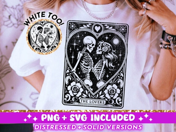 The Lovers Tarot Card SVG PNG, Skeleton Love Sublimation Design, Celestial Witchy Lovers Skull Tarot TShirt png SVG Cut File Download