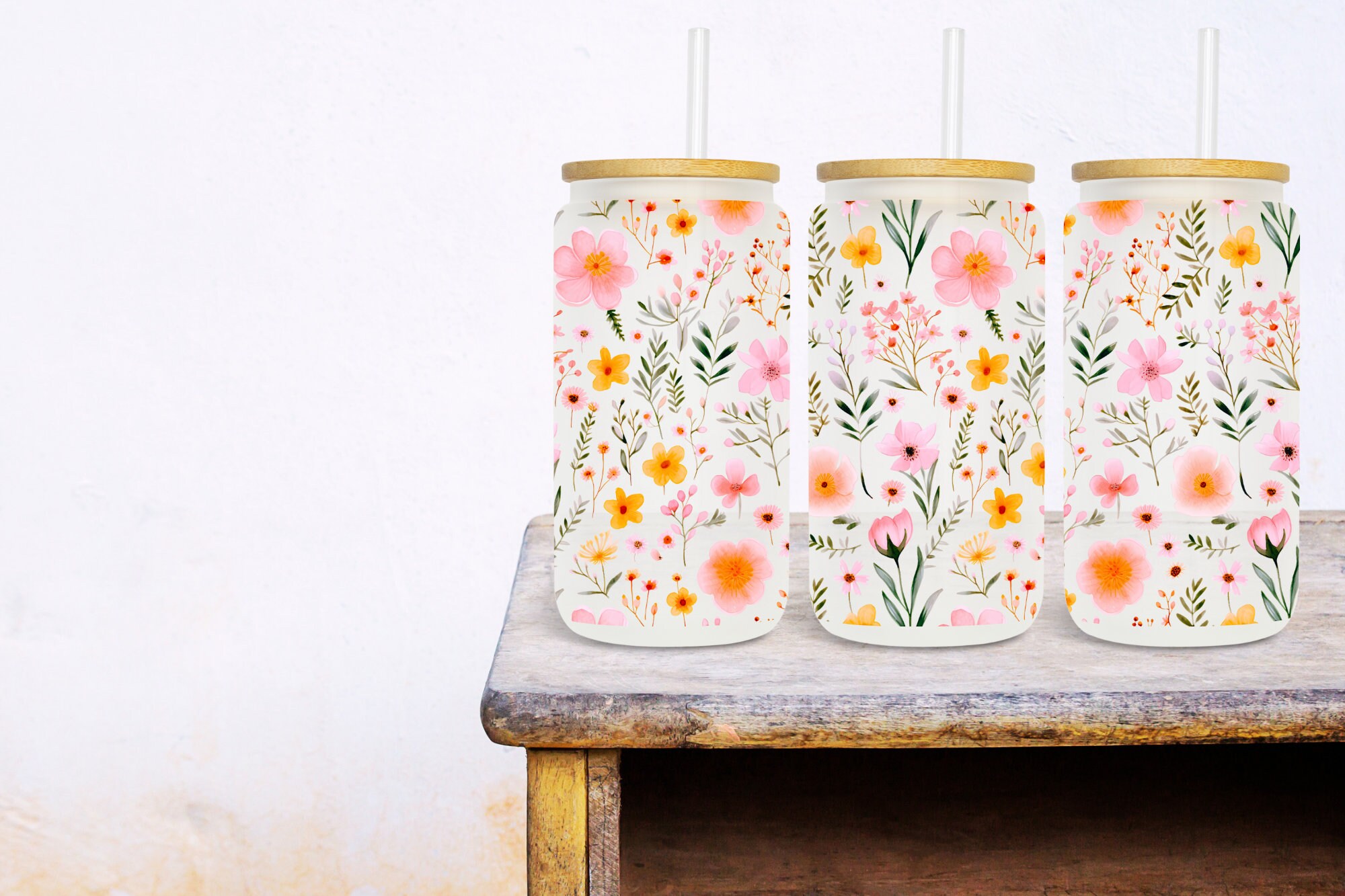 Dainty Wildflowers Glass Can Wrap, Seamless 16oz Glass Can Tumbler ...
