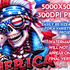 May include: A digital illustration of a skeleton wearing a red, white, and blue bandana, sunglasses, and a denim jacket. The skeleton is holding a red, white, and blue popsicle. The text "AMERICA" is written in red, white, and blue glitter letters at the bottom of the image. The image is 5000x5000 pixels and 300 DPI.